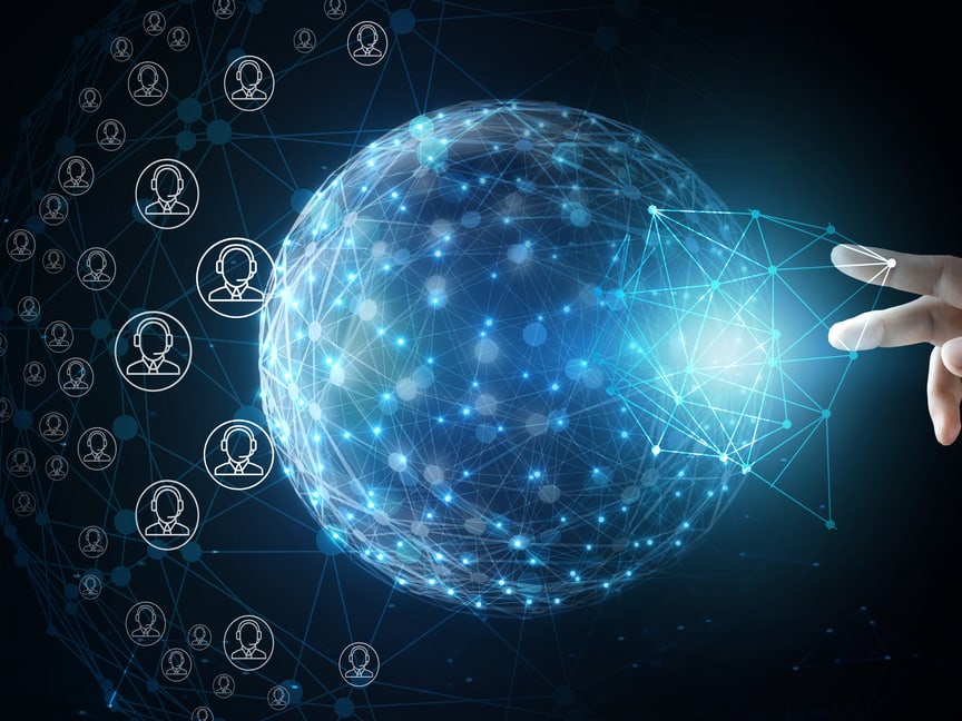 A hand reaching into a glowing network linked to support technicians